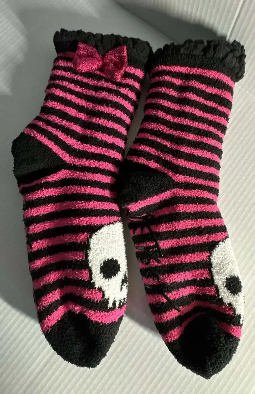 Betsey Johnson Pink and Black Striped Skull Cozy Slipper Socks
